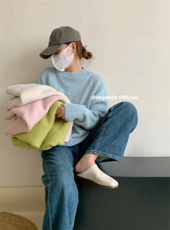 【HEY BELLA】Round Neck Simple Loose Pullover Warm Sweater YS1-B9690# L