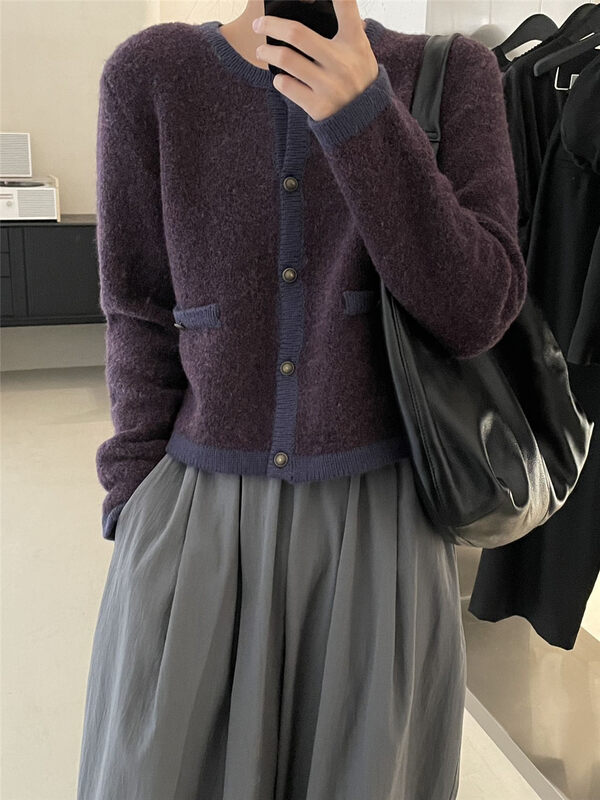 【CLEAN SPACE】Textured Contrast Edge Round Neck Short Knit Cardigan 35101# CQW
