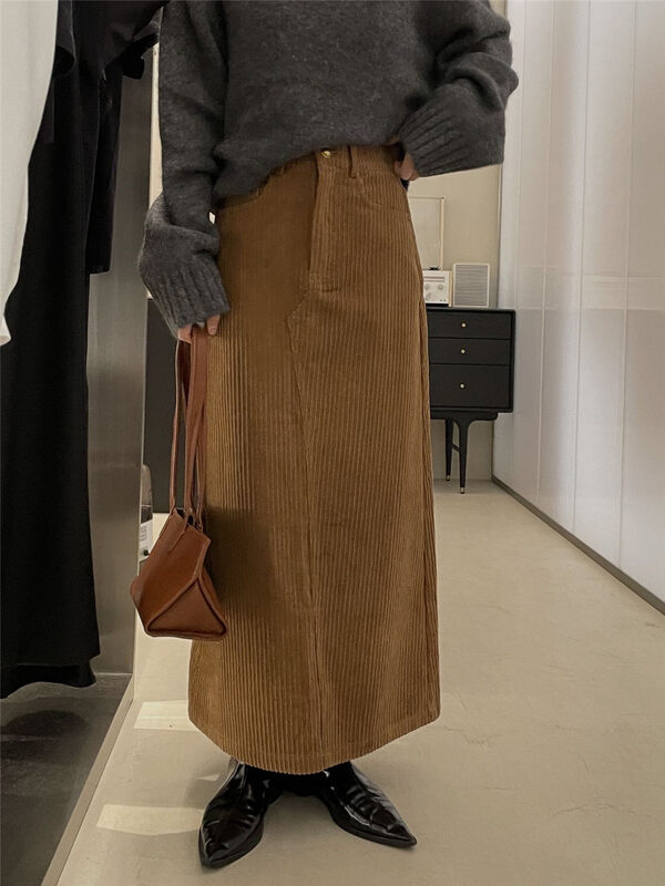 【CLEAN SPACE】Korean version textured solid color high-waisted thin corduroy skirt 33830# CQW