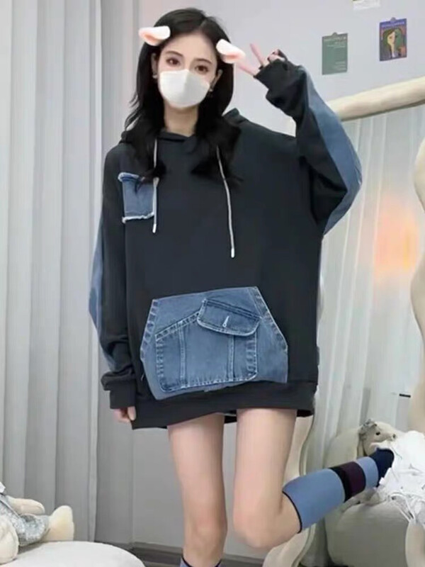 New in winter! [JUN.T] Niche design denim stitching hooded sweater 6946# PCZ
