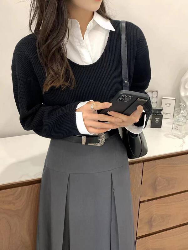 Original price 73.32! New in autumn! [I-D] Korean version all-match fake two-piece shirt Y8505# L