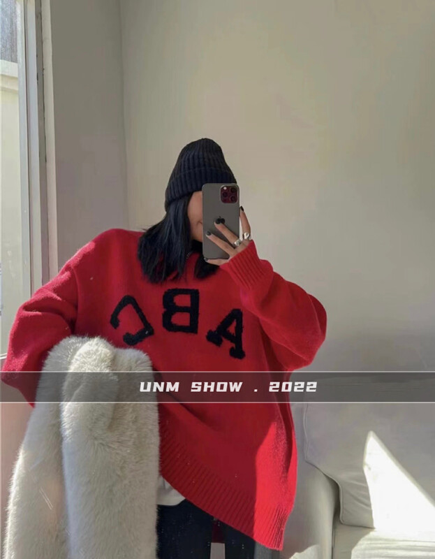 【UNM-SHOW】Round Neck Letter Colorblock Loose Warm Sweater (Sweaters Only) 6798# WTT