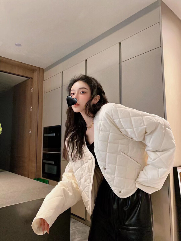 【NANCY】Rhombus White Small Fragrance Short Warm Cotton Jacket M7923# WPL