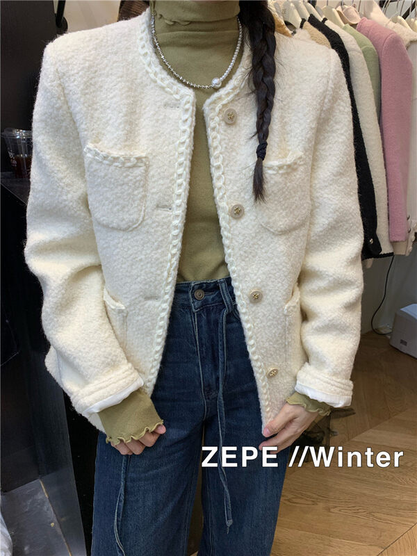 【ZE】Xiaoxiang style round neck pocket short jacket 1121# L