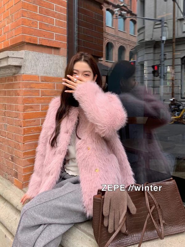 Stall explosion!  !  !  【ZE】Double-breasted solid color comfortable all-match warm fur coat 1225# L