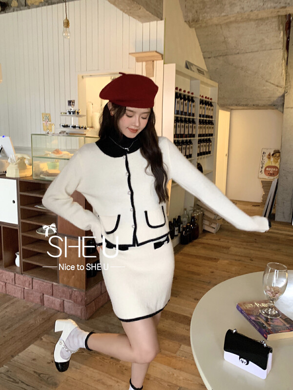 【SHE U】Celebrity Contrast Color Knit Cardigan Skirt Suit 70053# JHY