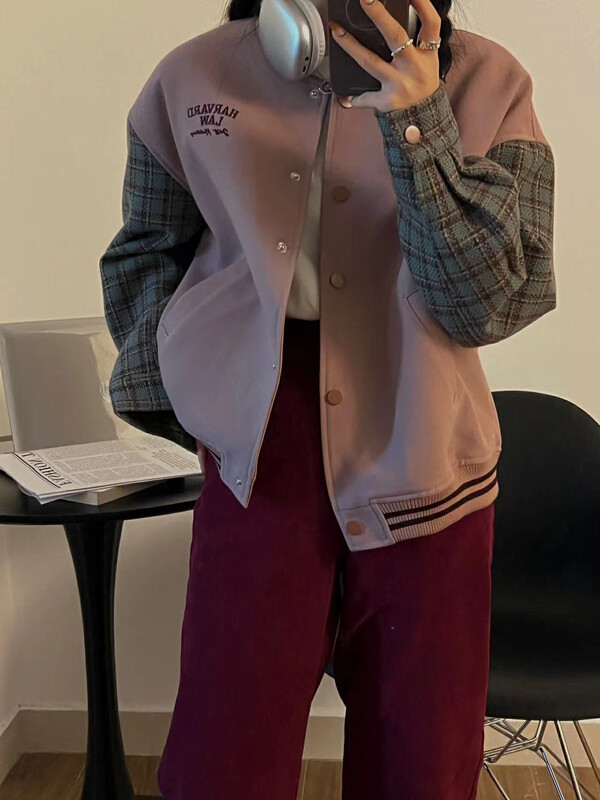 【RICH PAPA】American retro quilted plaid stitched sleeve short jacket W040# ZXX