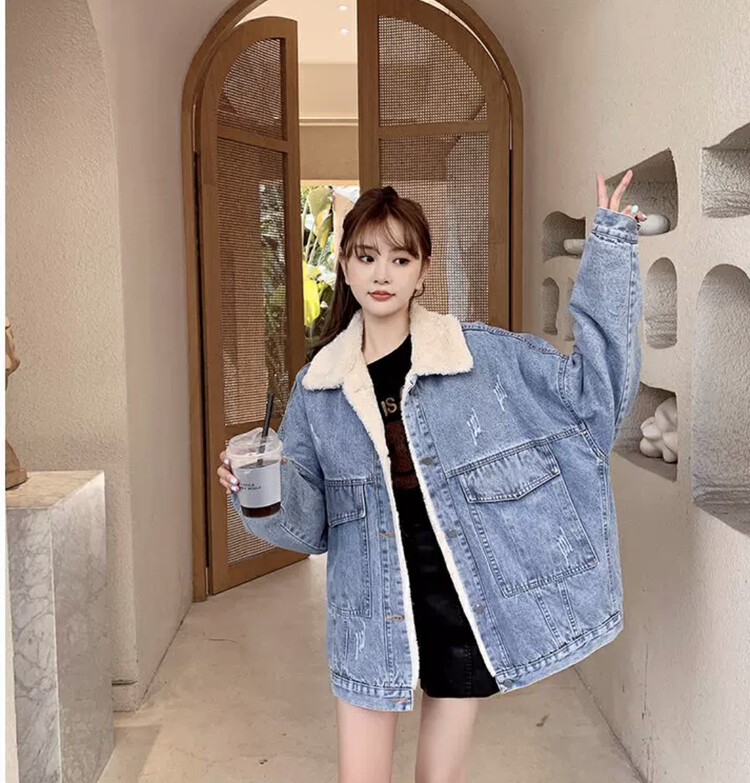 【JUN.T】Korean all-match long-sleeved fleece denim jacket 7070# PCZ