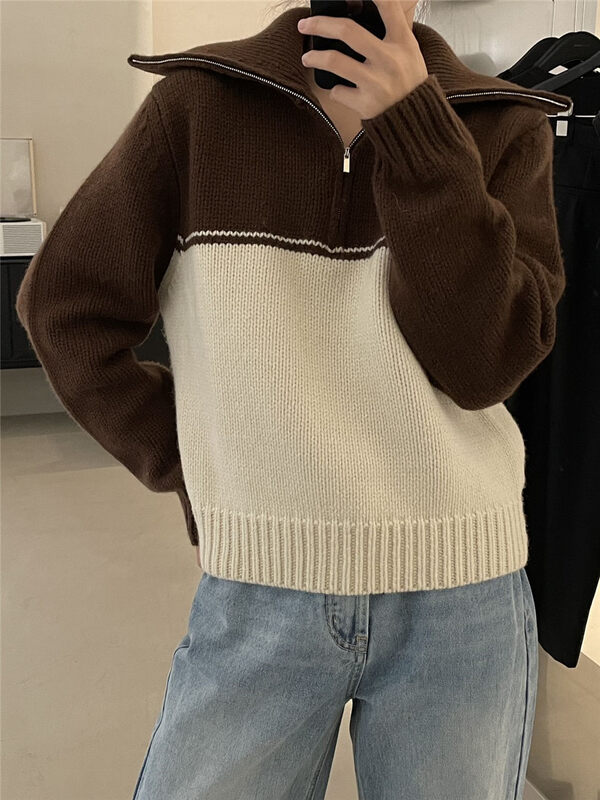【CLEAN SPACE】Polo Collar Colorblock Loose Warm Sweater 33273# CQW