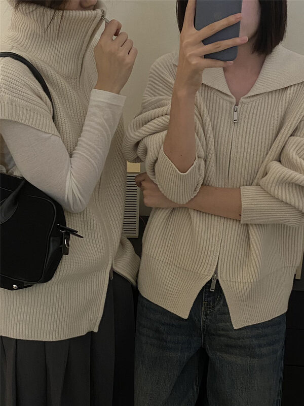 【CLEAN SPACE】Polo Collar Versatile Double Zipper Warm Sweater (100 Wool) 32982# CQW