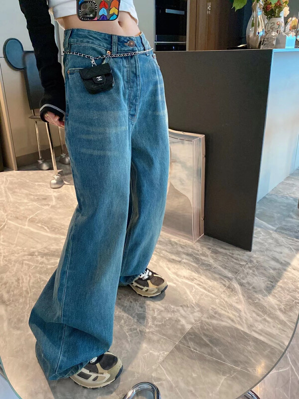 [NANCY] Lazy high waist design loose and thin washed blue wide leg jeans D1031# WPL