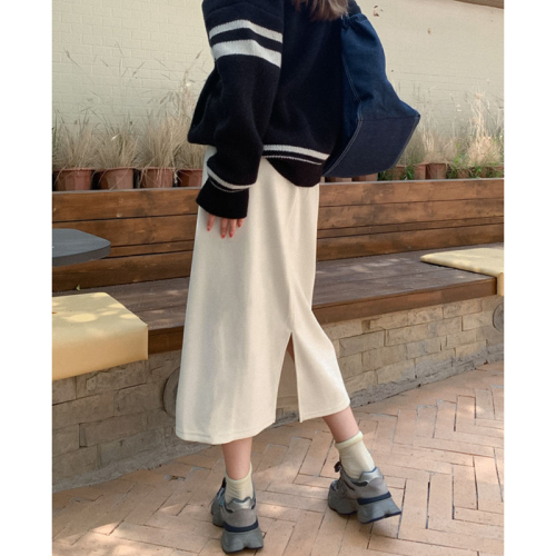 Chic mid-length skirt women's autumn and winter Korean version  new high-waisted slimming back split hip skirt
