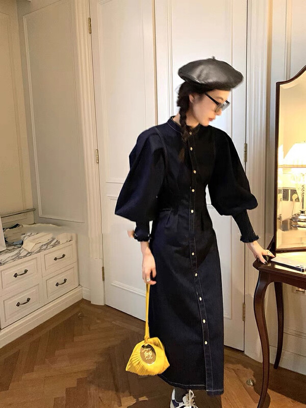 【JUN.T】French waist retro bubble long-sleeved denim dress 6948# PCZ