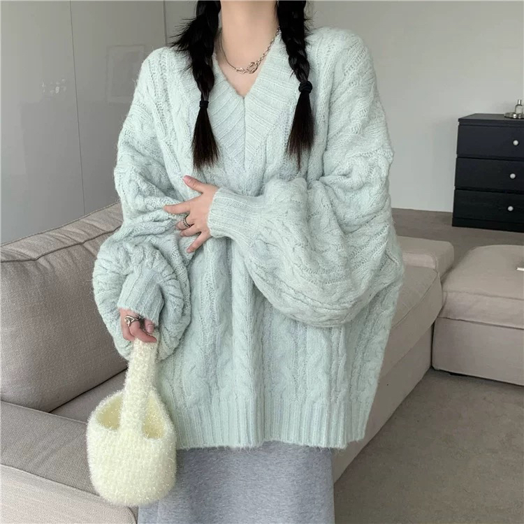 【JUN.T】Gentle V-neck Loose Twist Warm Sweater 7039# PCZ