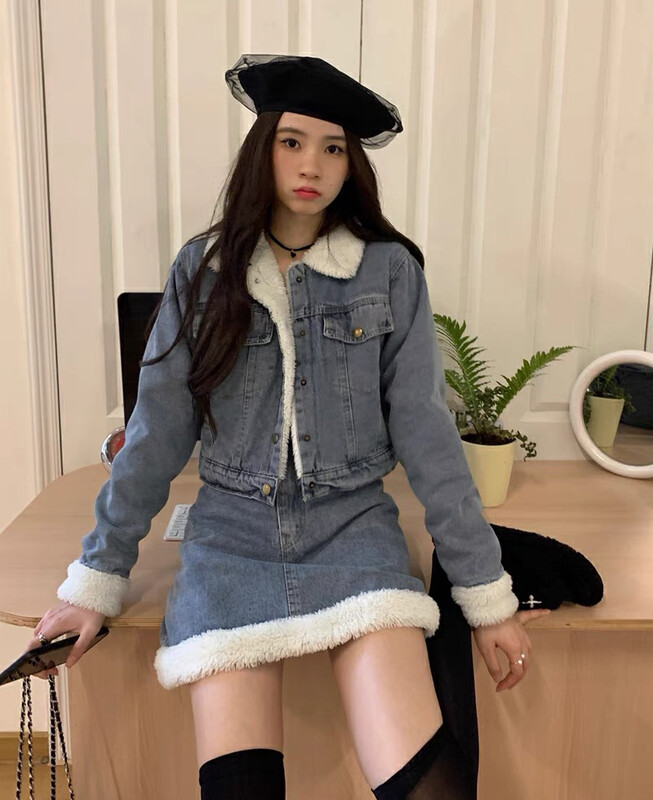 【JUN.T】Korean style stitching plush short denim jacket + slim denim skirt two-piece suit 6972# PCZ