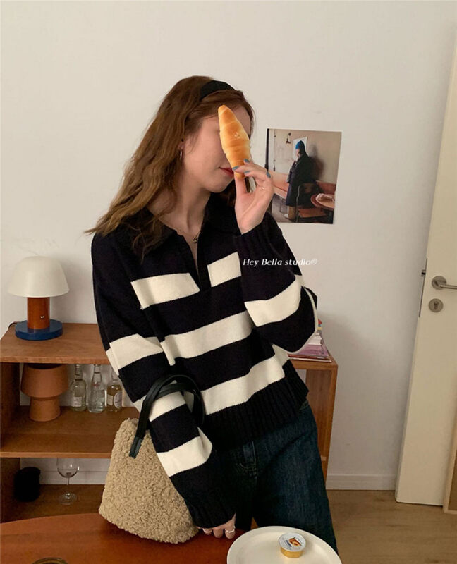 【HEY BELLA】Pullover Striped Comfortable Versatile Warm Sweater B5703# L