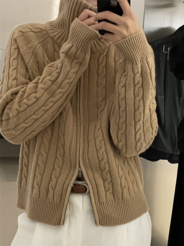 [CLEAN SPACE] Twist texture and comfortable zipper short knitted cardigan (100 wool) 33353# CQW