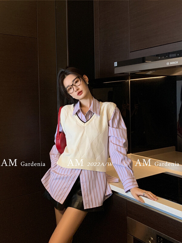 Original price 123.95! New in early autumn! [AM GARDENIA] Korean V-Neck Vest + Striped Loose Shirt Suit 1196-1# ZXX