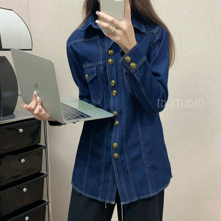【I-D】Korean version all-match heavy industry button denim shirt R2023# L