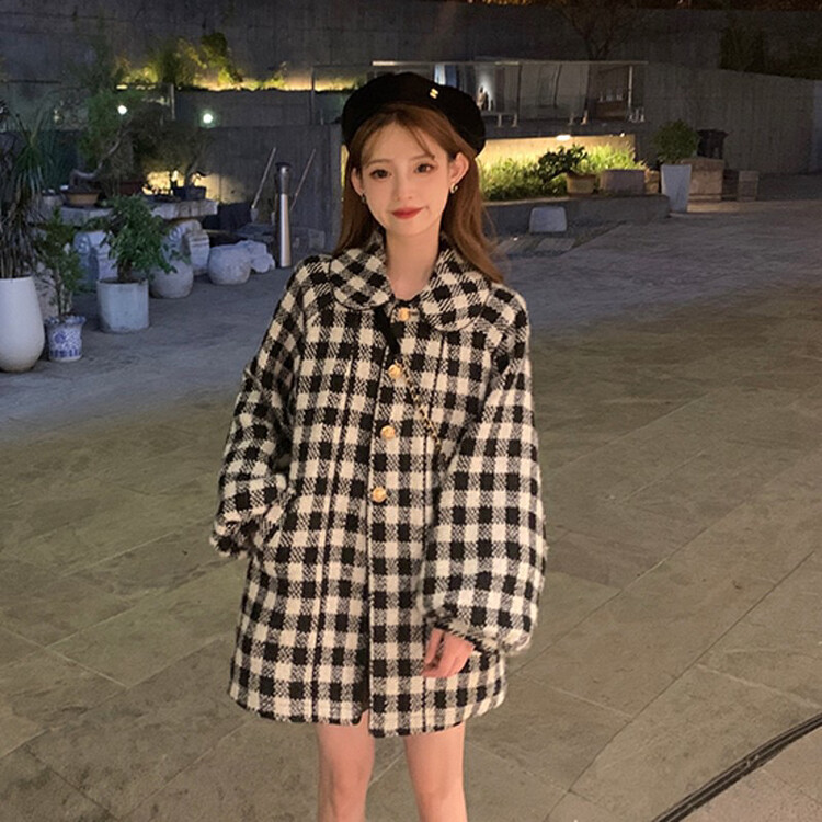 【JUN.T】Fashionable Korean Puff Sleeve Plaid Coat 7069# PCZ