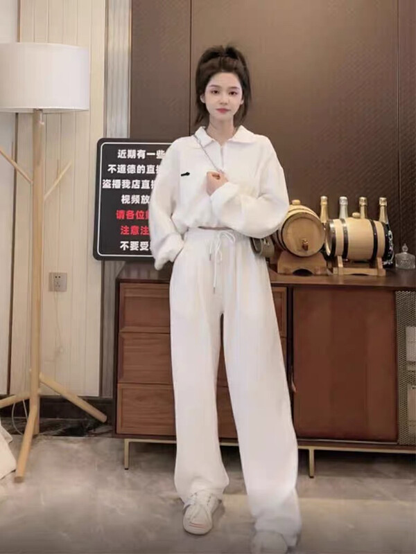 【JUN.T】Zipper Lapel Top + Solid Color High Waist Sweatpants Suit 7020# PCZ