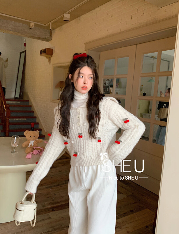 【SHE U】Sweet Korean Cherry Navy Neck Sweater 51251