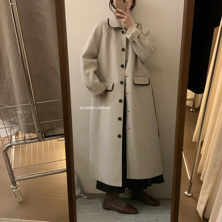 [IMISS] Korean version of the contrast color single-breasted double-sided woolen coat coat (with waist rope) QK3590