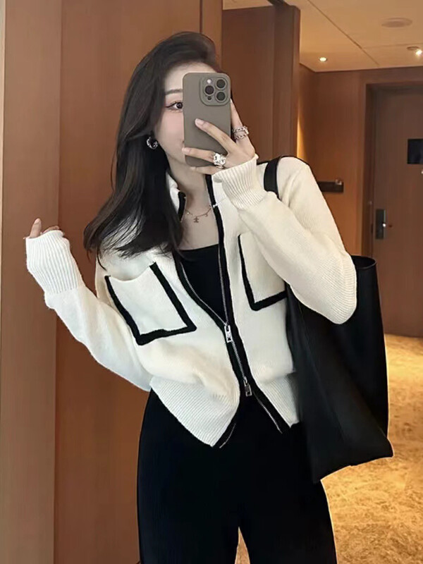 【JUN.T】Contrast Color Double Zipper Pocket Warm Sweater 7080# PCZ
