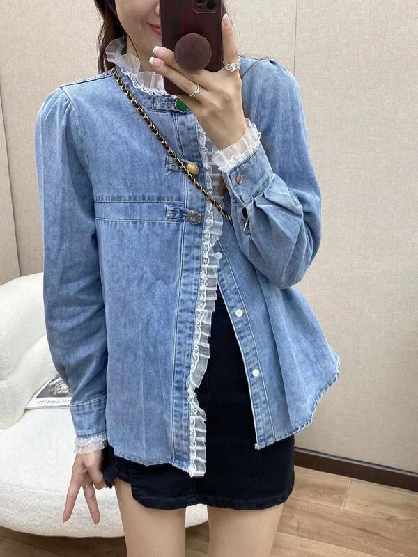 New for winter!  【I-D】Korean Style Patchwork Lace Denim Shirt 5022-1# L