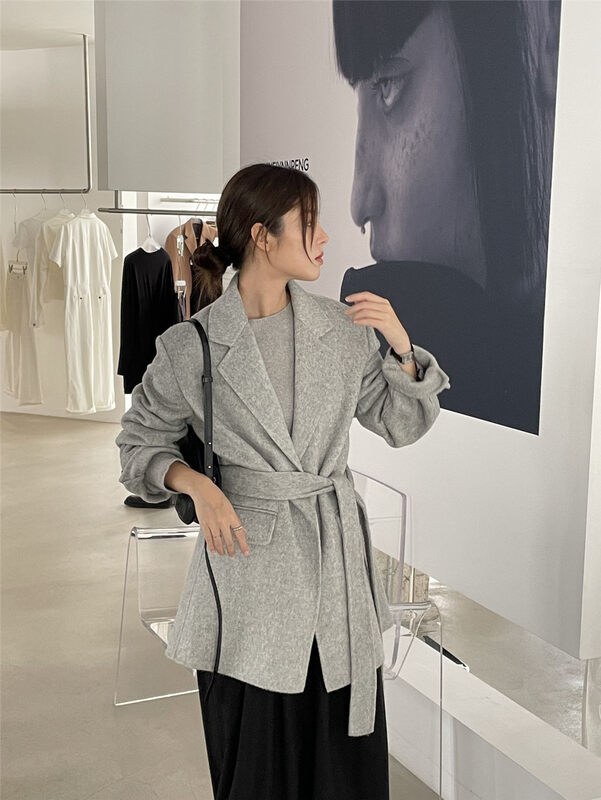 【CLEAN SPACE】Korean style loose one-button mid-length wool coat (with belt) (70% wool) 32529# CQW