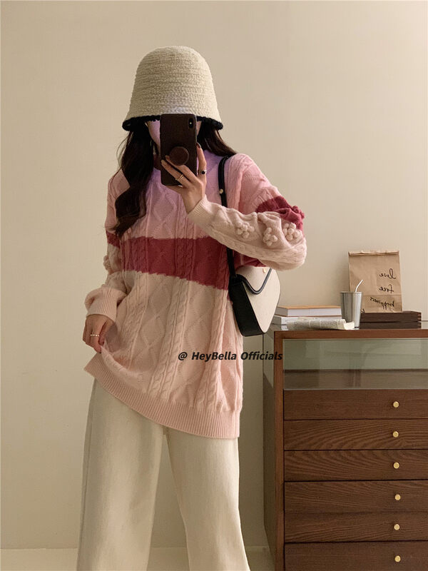 【HEY BELLA】Three-dimensional flower comfortable and versatile pullover warm sweater B9721# L