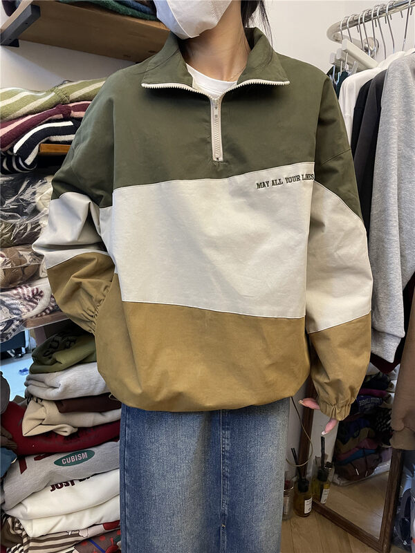 【RICH PAPA】Fashionable stand-up collar loose color-block quilted sweater W039# ZXX