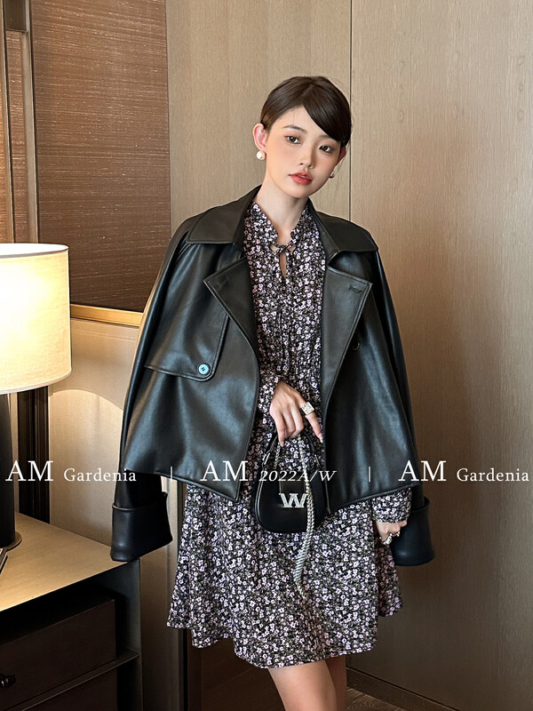 【AM GARDENIA】Vintage Floral Dress + Heavy Industry Lapel Leather Two Piece Set 1309-1# ZXX