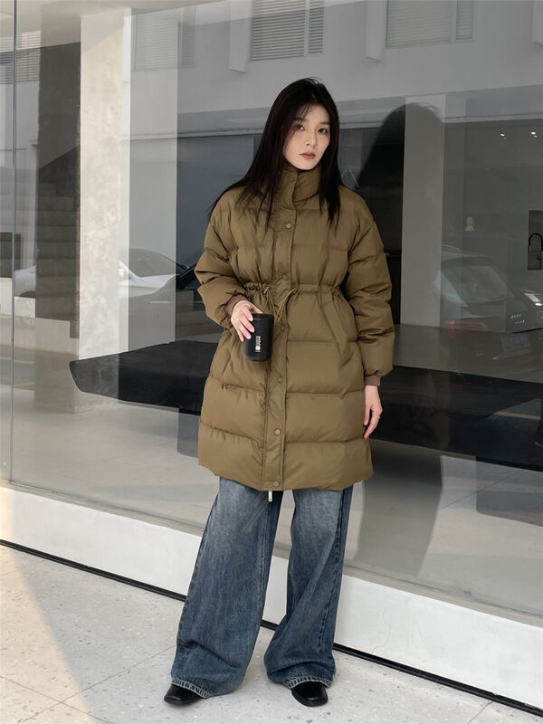 【CLEAN SPACE】Korean style loose mid-length warm down jacket with waist and waist (90 white duck down) YS1-33558# CQW