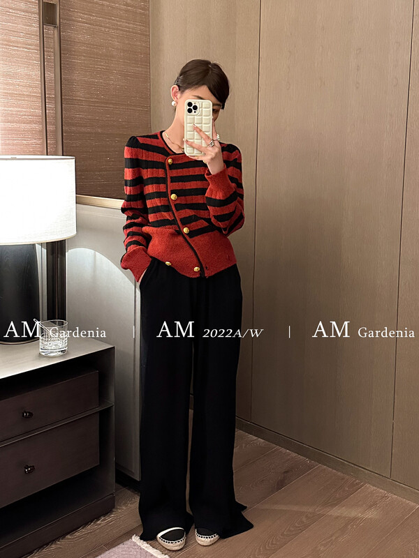 【AM GARDENIA】Western style double-breasted striped knitted sweater 2088-1# ZXX