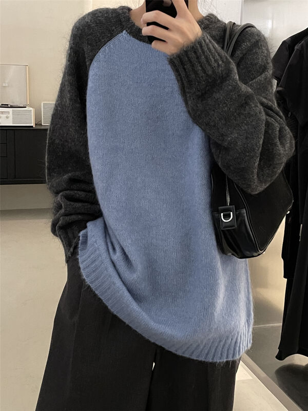 【CLEAN SPACE】Korean style contrast color raglan design loose warm sweater (33% mohair 33% wool) 33788# CQW