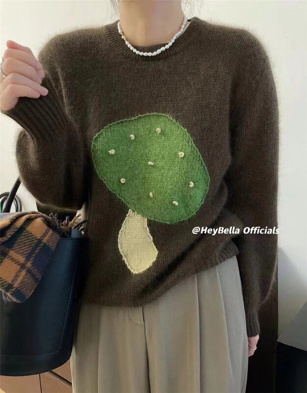 【HEY BELLA】Round Neck Pattern Print Cozy Pullover Warm Sweater B9702# L