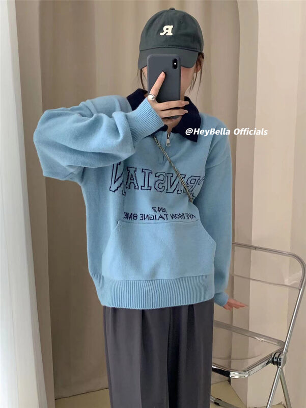 [HEY BELLA] Letter pullover color matching comfortable pullover warm sweater B9691# L