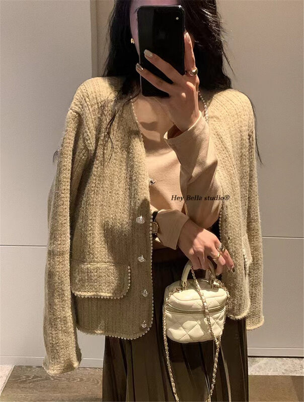 【HEY BELLA】V-neck single-breasted color-block comfortable knitted cardigan B9159# L