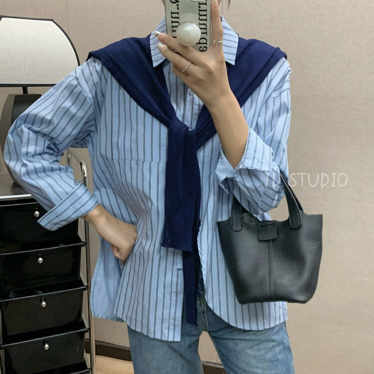 【I-D】Korean striped comfortable all-match shirt (with shawl) R8356# L