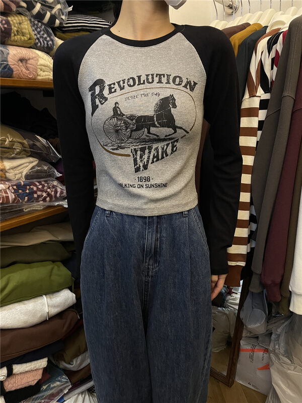 New in autumn!【RICH PAPA】Korean alphabet print contrast color long-sleeved T-shirt T468# ZXX