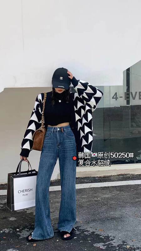 [Korean original] composite mink velvet trousers small slit design wide-leg pants jeans 50250