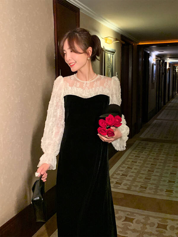 【NEW OPEN】French ladies temperament lace stitching velvet dress JL80626# ZXX