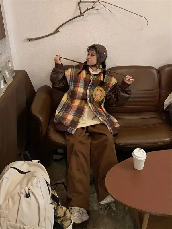 【LAB EEDA】Loose American retro plaid stitching warm cotton jacket M329# OZQ
