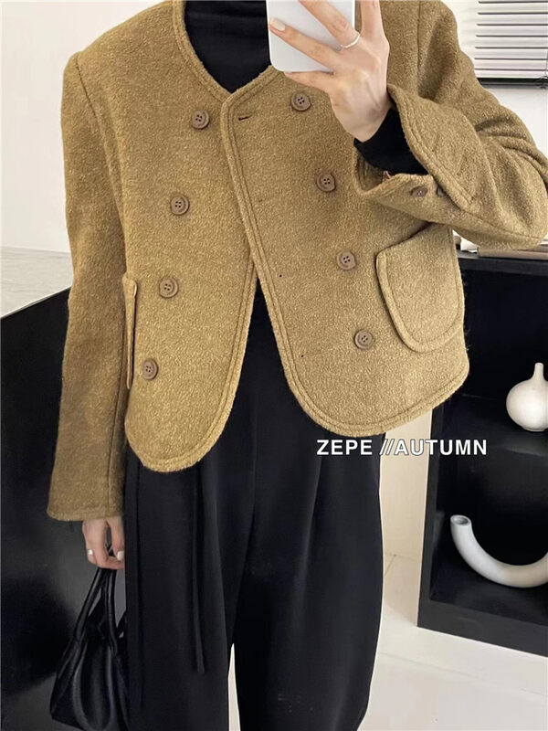 [ZE] Round Neck Style Double Breasted Short Jacket 1101-1# L