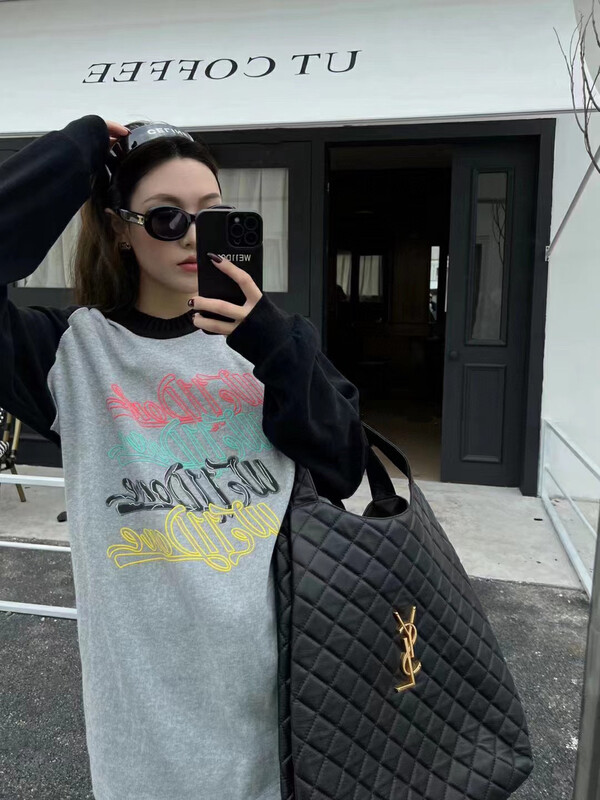 [NANCY] Men's and women's same color printed letters loose sanded bottoming long-sleeved T-shirt M7915# WPL