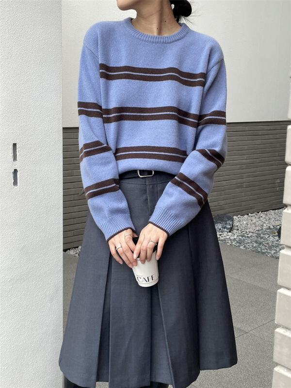 【CLEAN SPACE】Round Neck Pullover Wide Striped Casual Warm Sweater (100 Wool) 35110# CQW