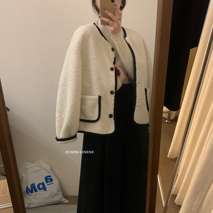 [IMISS] French v-neck contrast color small fragrant fur coat short coat QK6525