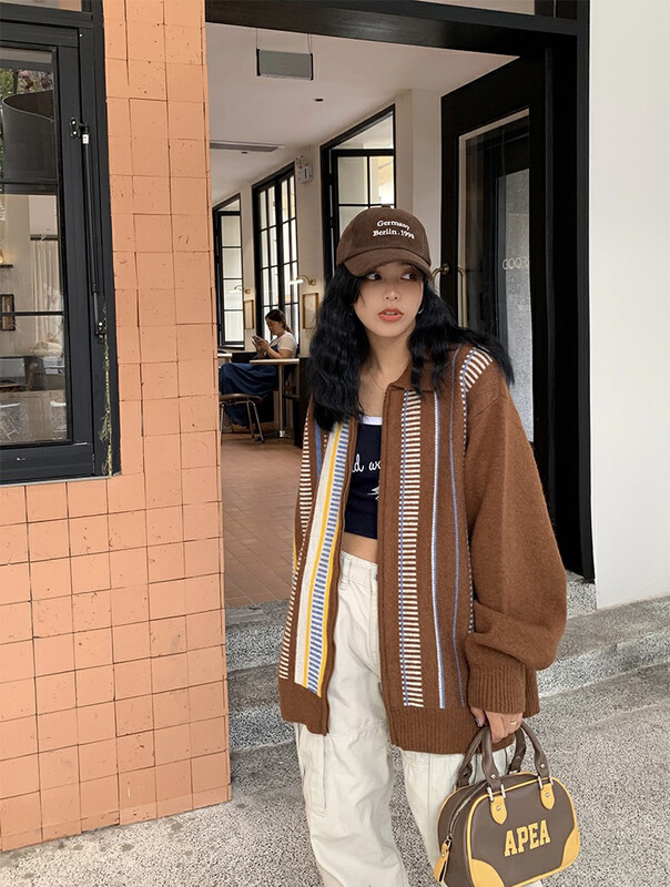 【LAB EEDA】American retro vertical striped knitted cardigan M216# OZQ