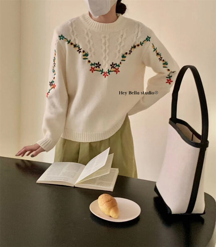 Original price 71.06! New in autumn! [HEY BELLA] embroidered comfortable pullover all-match warm sweater B9393# L